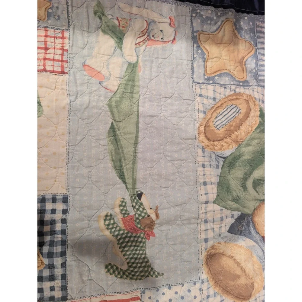 Vintage Blue Jean Teddy Bear Quilt Baby Crib Blanket 42x33 Nursery 90s